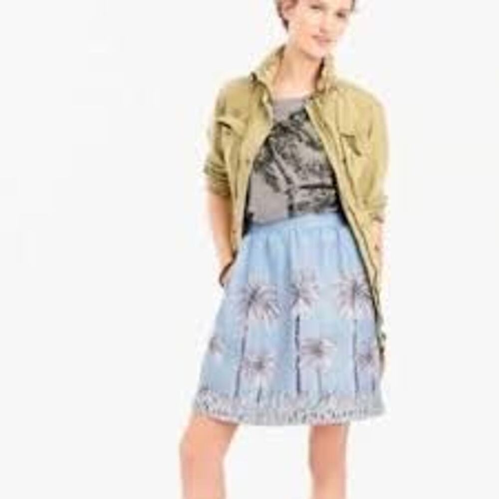 J. Crew Linen Skirt A Line Blue Palm Tree Summer Beach G4616 Women 6